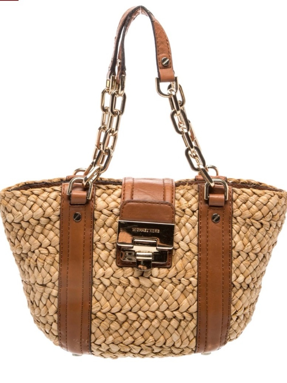 Michael Kors Natural straw tote with brown leather trim and gold Hardware.